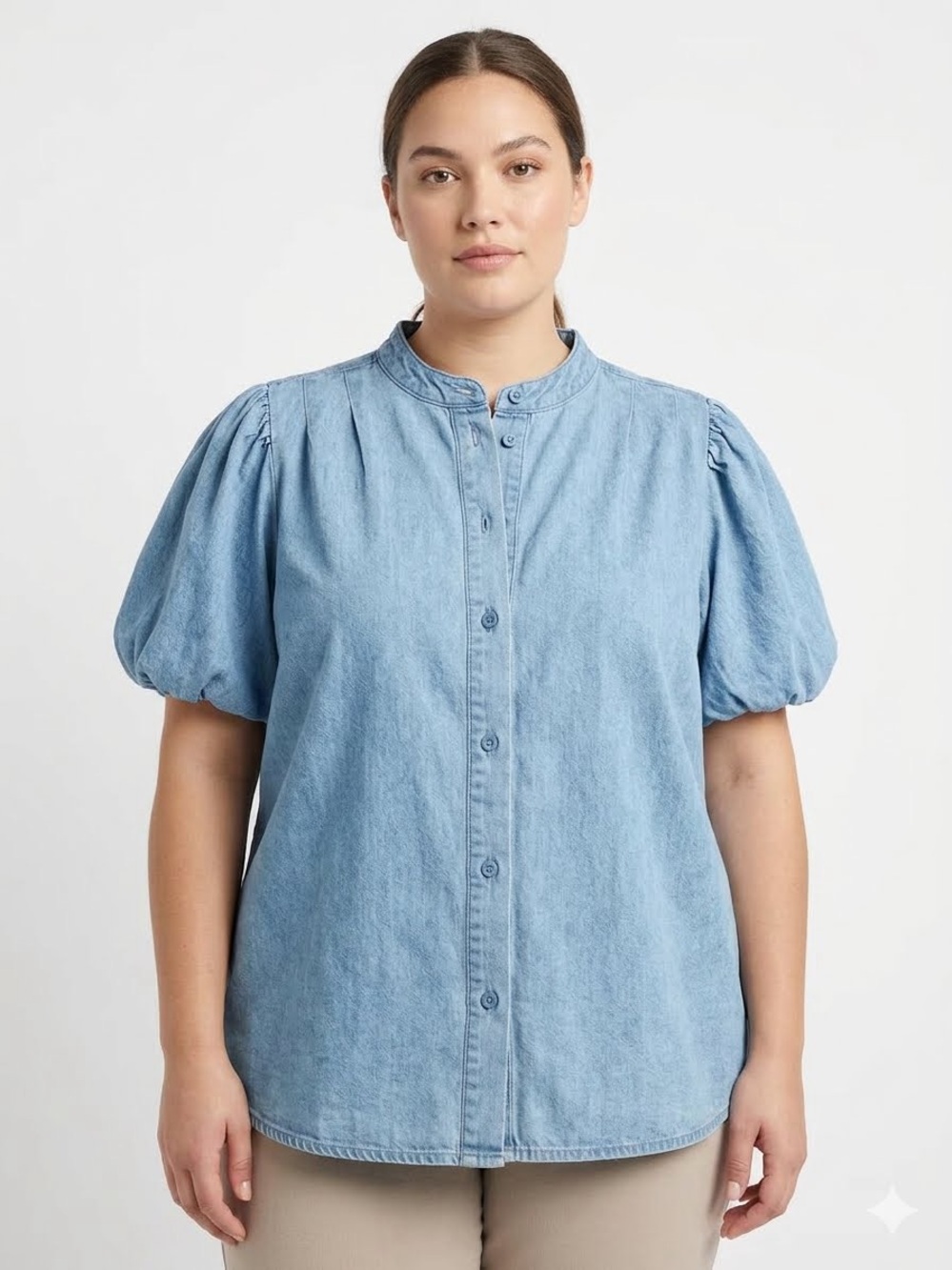 TRUTH by republic Plus-Size Light Blue Denim Puff-Sleeve Button-Down Shirt